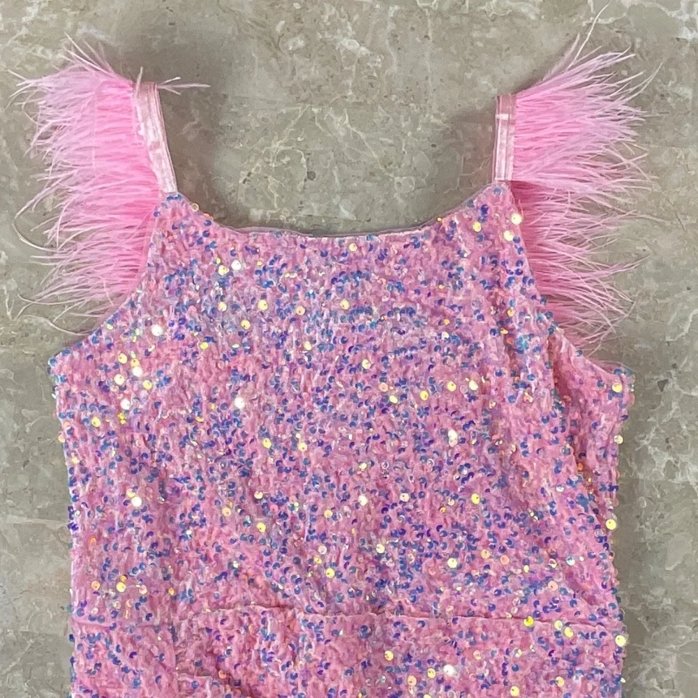 Zunie Pink Sequin Dress with Feather Detail Size 14